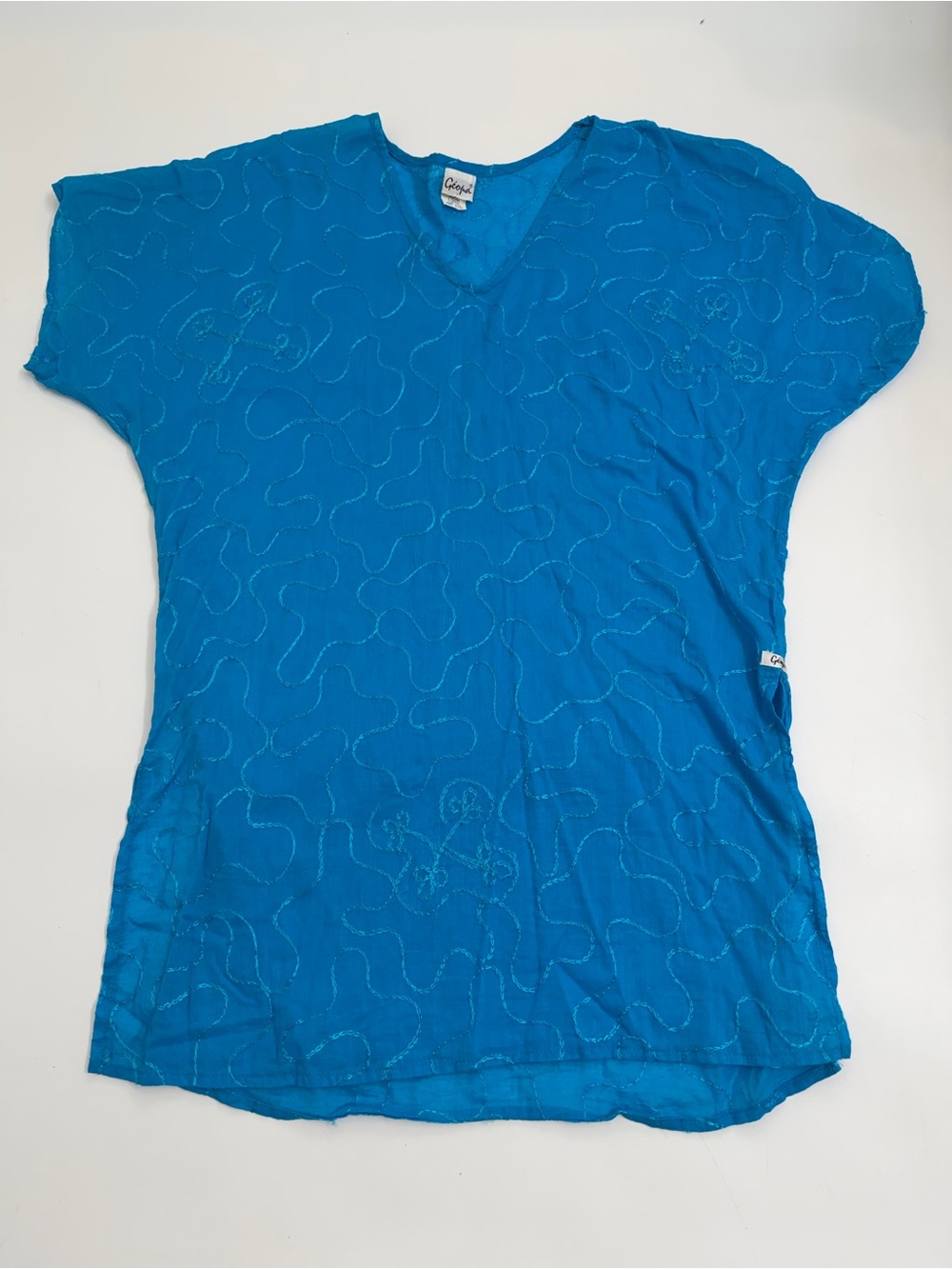 Vintage Geopa Teal Embroidered Cotton Beach Cover Up One Size Boho Resort Tunic